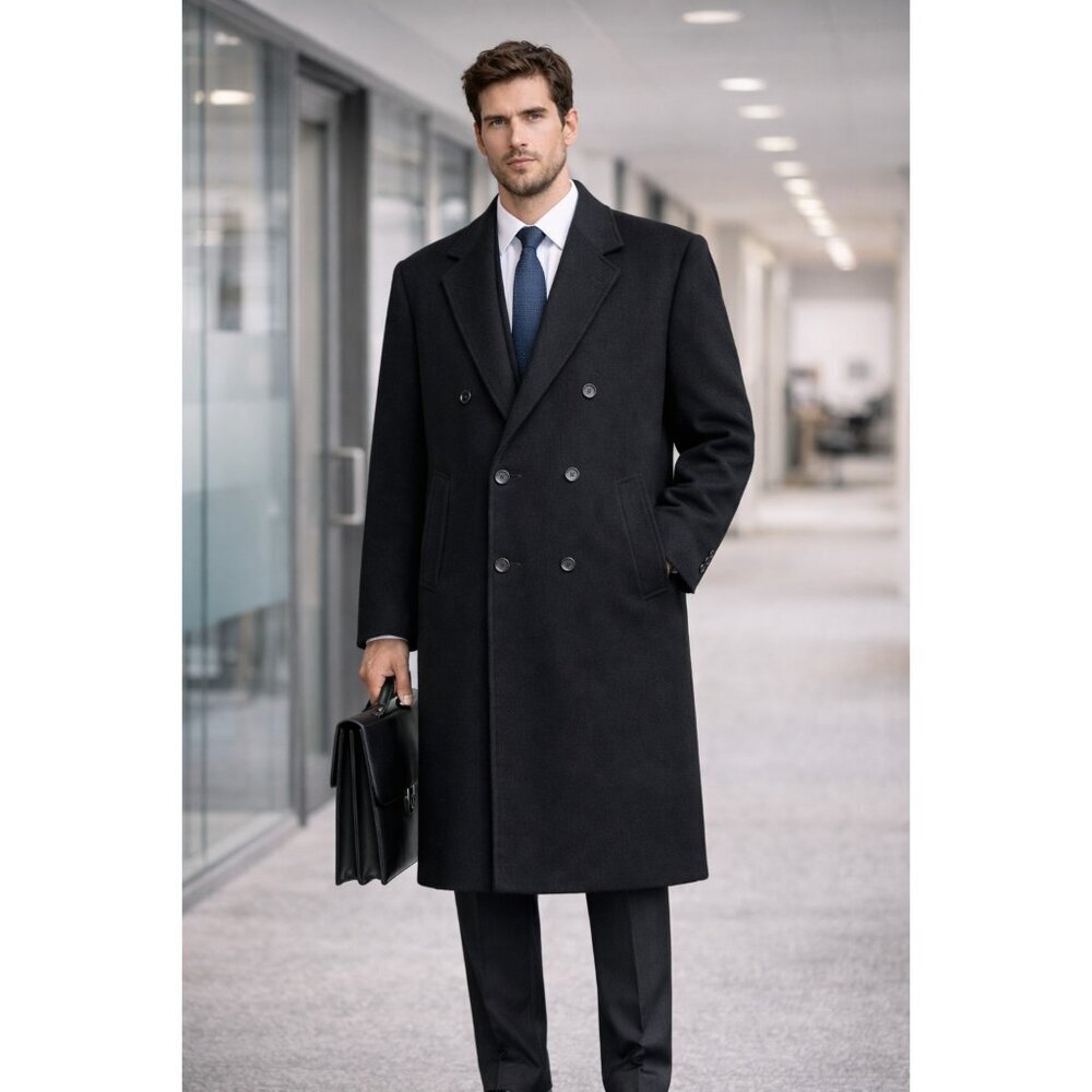 Mens Andrew Fezza Cashmere Blend Overcoat Black Double Breasted Long Coat L